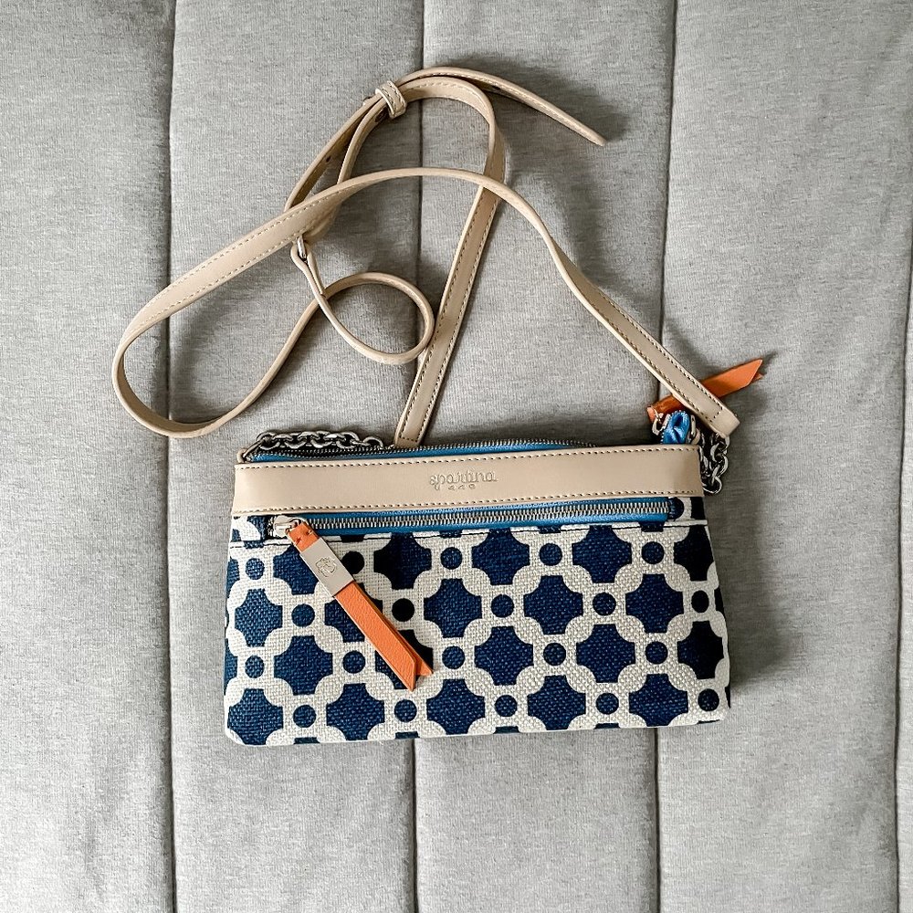 Spartina 449 Leather & linen Bag Crossbody Tan Navy